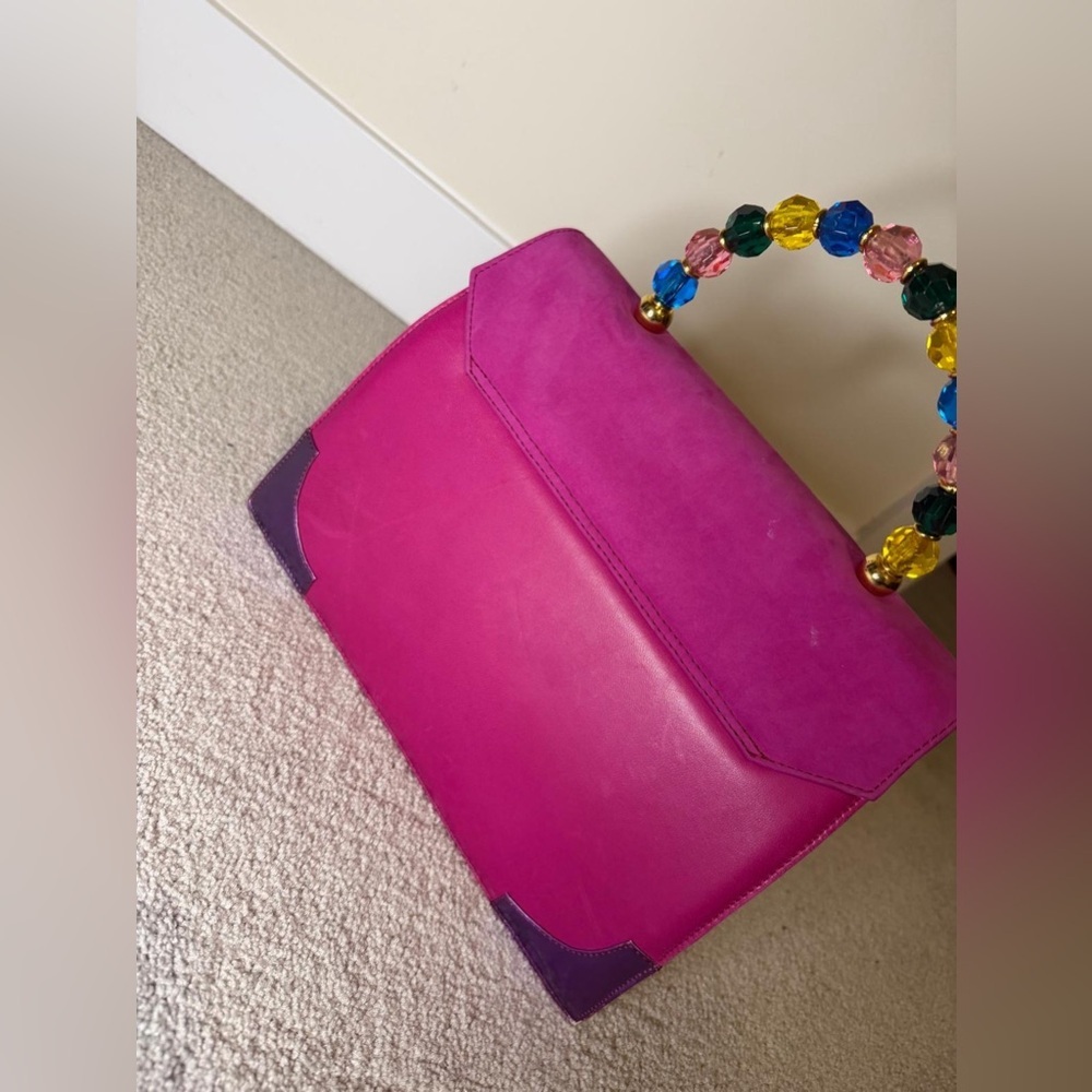Vibrant Pink Satchel with Beaded Handle - Picture 5 of 11